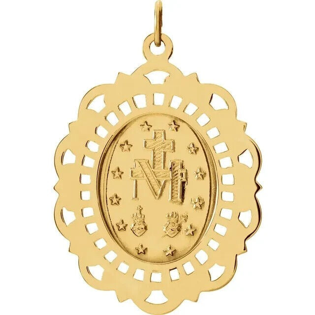 14K Yellow Gold 22x16mm Oval Filigree Miraculous Medal Virgin Mary Medal Pendant