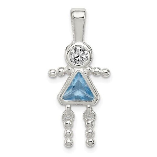 Sterling Silver Rhodium-plated CZ and Birthstone Blue March Glass Girl Pendant