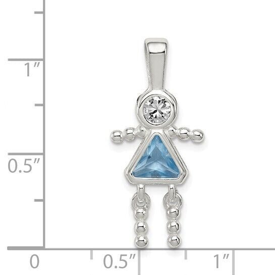 Sterling Silver Rhodium-plated CZ and Birthstone Blue March Glass Girl Pendant