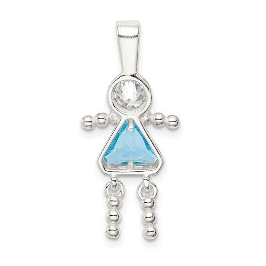 Sterling Silver Rhodium-plated CZ and Birthstone Blue March Glass Girl Pendant