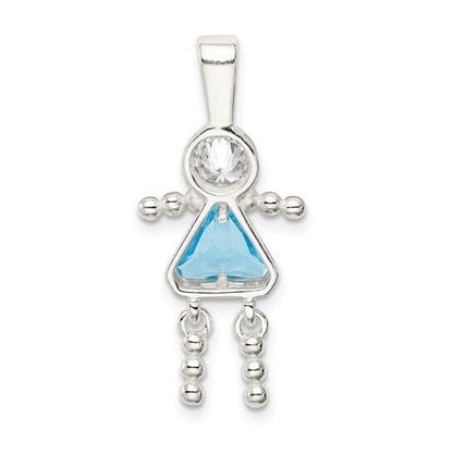 Sterling Silver Rhodium-plated CZ and Birthstone Blue March Glass Girl Pendant