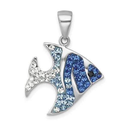 Sterling Silver Rhodium-Plated Blue & White Crystal Angel Fish Pendant