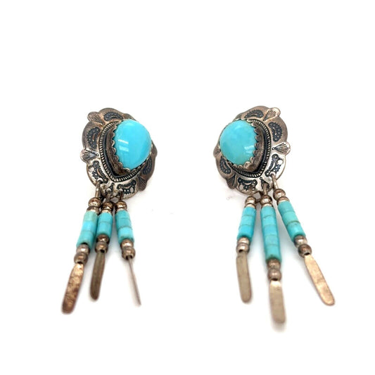 Vintage Q.T. Signed .925 Sterling Silver Turquoise Dangle Earrings 1.75 Inch