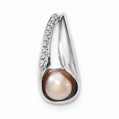 Sterling Silver CZ Polished Pendant With 8-9mm Freshwater Cultured Pink Button Pearl 925