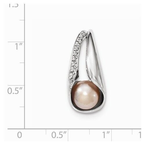 Sterling Silver CZ Polished Pendant With 8-9mm Freshwater Cultured Pink Button Pearl 925