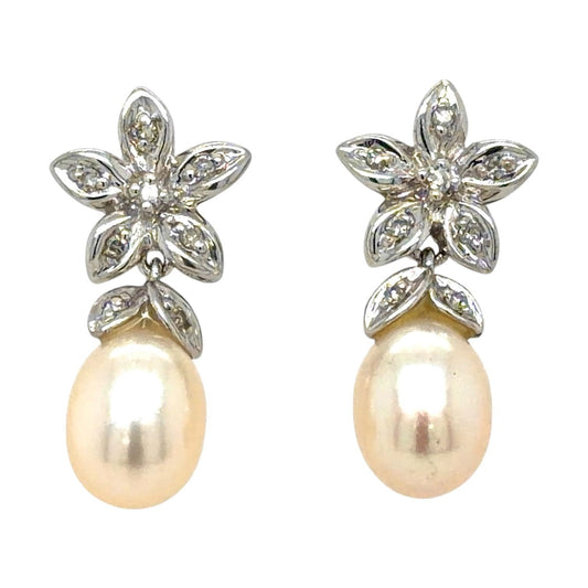Pearl & Diamond 10k White Gold Floral Earrings 3.3g