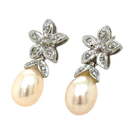 Pearl & Diamond 10k White Gold Floral Earrings 3.3g