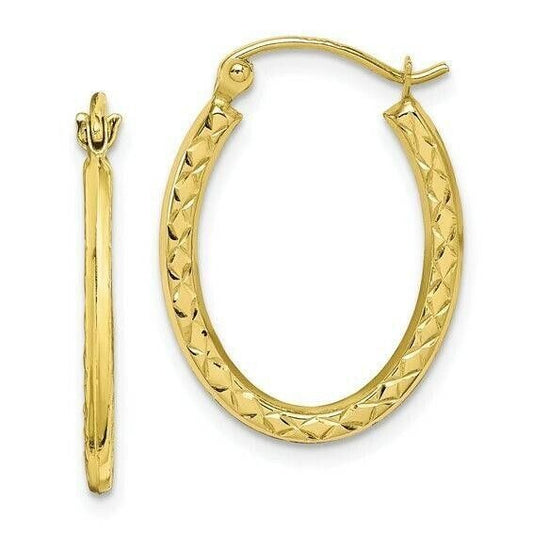 10K Yellow Gold Textured Hollow Oval Hoop Earrings 22mm Length