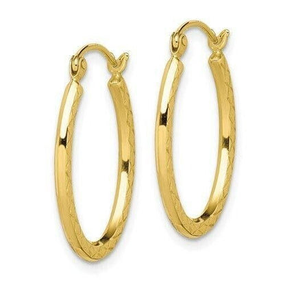 10K Yellow Gold Textured Hollow Oval Hoop Earrings 22mm Length