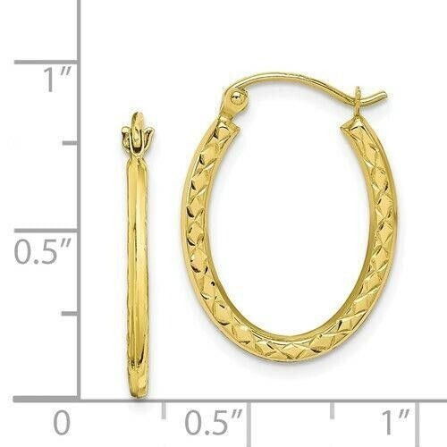 10K Yellow Gold Textured Hollow Oval Hoop Earrings 22mm Length