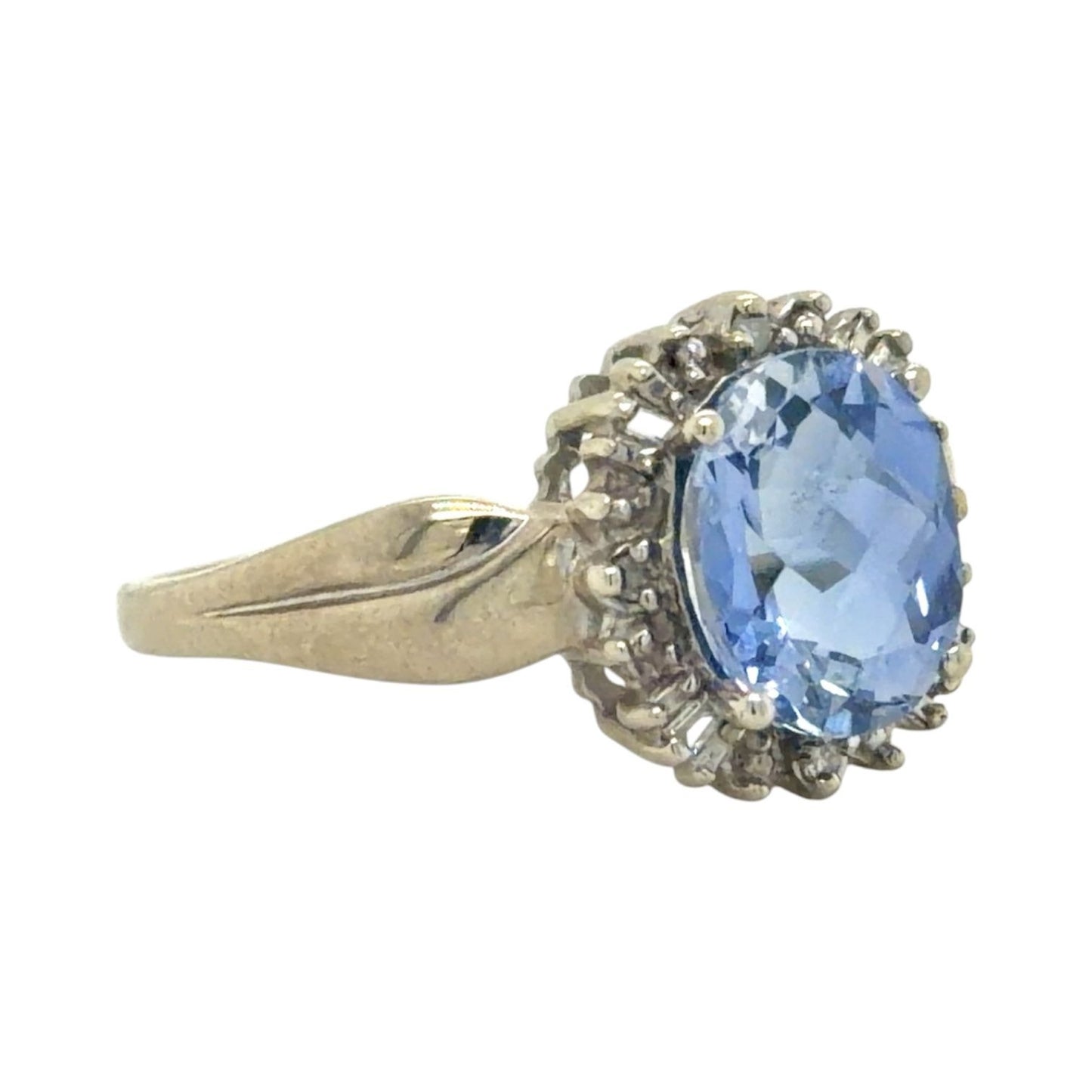 Sapphire Solitaire & Diamonds 10K White Gold Ring 3.5g Size 10.5