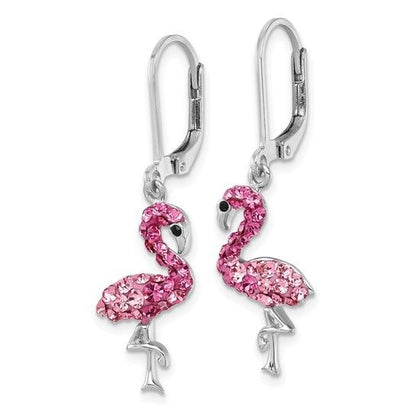 Pink Crystal Flamingo Drop Earrings Sterling Silver 925 Rhodium-Plated Leverback