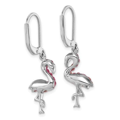 Pink Crystal Flamingo Drop Earrings Sterling Silver 925 Rhodium-Plated Leverback