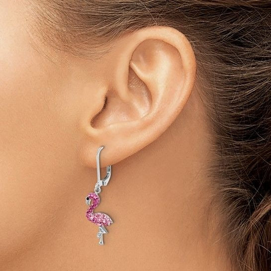Pink Crystal Flamingo Drop Earrings Sterling Silver 925 Rhodium-Plated Leverback