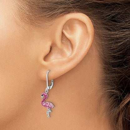 Pink Crystal Flamingo Drop Earrings Sterling Silver 925 Rhodium-Plated Leverback