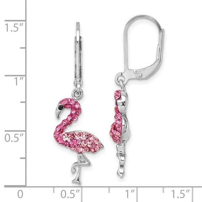Pink Crystal Flamingo Drop Earrings Sterling Silver 925 Rhodium-Plated Leverback