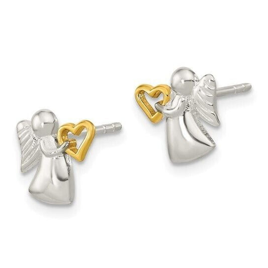 Sterling Silver Angel With Gold Tone Heart Polished Button Post Earrings 0.5" Long Womens Jewelry Gift