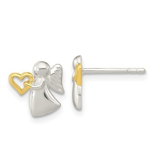 Sterling Silver Angel With Gold Tone Heart Polished Button Post Earrings 0.5" Long Womens Jewelry Gift