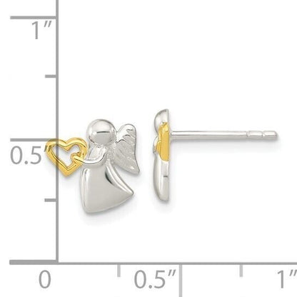 Sterling Silver Angel With Gold Tone Heart Polished Button Post Earrings 0.5" Long Womens Jewelry Gift