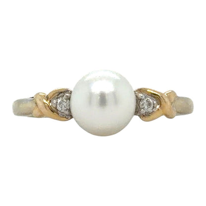 Pearl & Diamond 14k Two-Tone Gold Ring 1.8g Size 6.25