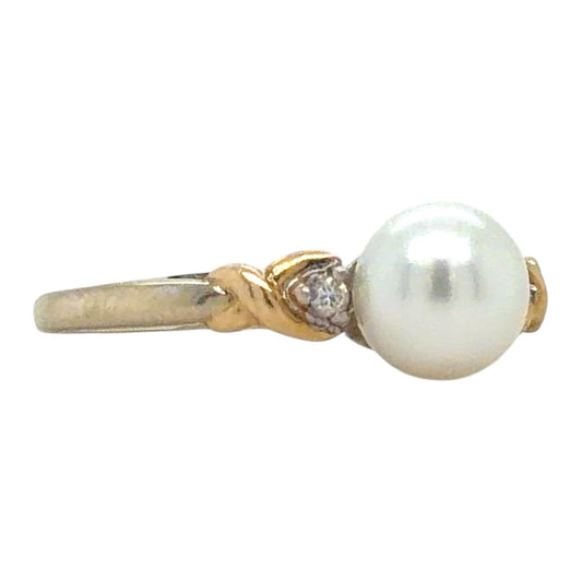Pearl & Diamond 14k Two-Tone Gold Ring 1.8g Size 6.25