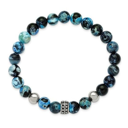 Chisel Stainless Steel Antiqued & Polished 8mm Black & Blue Apatite Beaded Stretch Bracelet 7.25 Inch