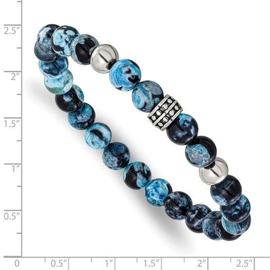 Chisel Stainless Steel Antiqued & Polished 8mm Black & Blue Apatite Beaded Stretch Bracelet 7.25 Inch