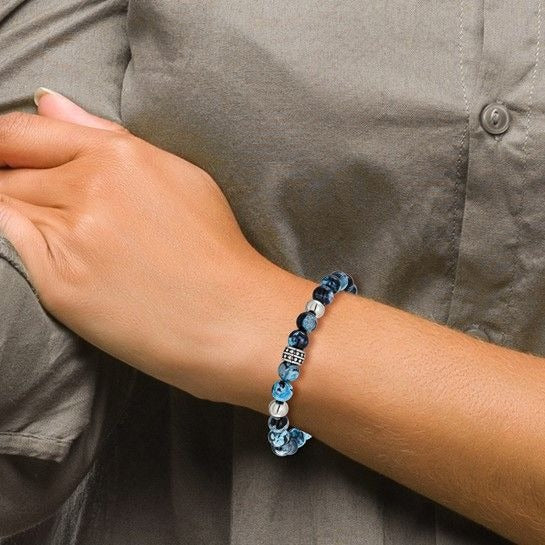 Chisel Stainless Steel Antiqued & Polished 8mm Black & Blue Apatite Beaded Stretch Bracelet 7.25 Inch