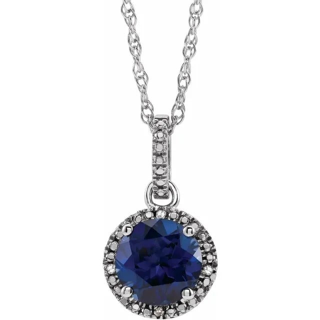 Sterling Silver Lab Grown Blue Sapphire & Diamond Halo Pendant Necklace 18"