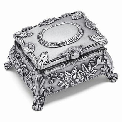 Beautiful Pewter-Tone Floral Jewelry Box With Ornate Design & Black Velvet Lining For Organizing Or Display