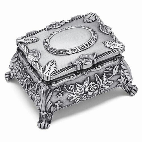 Beautiful Pewter-Tone Floral Jewelry Box With Ornate Design & Black Velvet Lining For Organizing Or Display