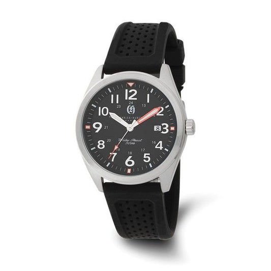 Charles-Hubert Paris Stainless Steel Black Dial Watch Date & Black Rubber Strap