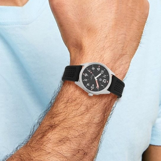 Charles-Hubert Paris Stainless Steel Black Dial Watch Date & Black Rubber Strap