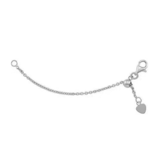Sterling Silver Adjustable Cable Chain Extender With Lobster Clasp & Heart Charm 1.5 Mm 3" Length Polished Finish