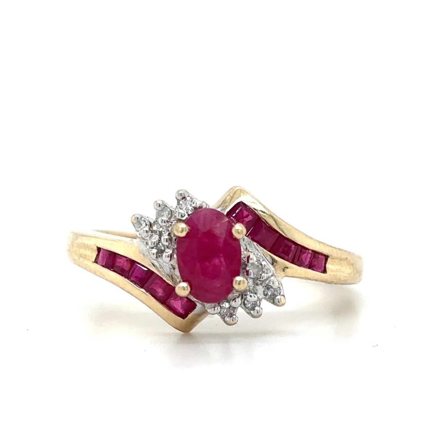 10k Yellow Gold Size 7 Red Ruby Birthstone Diamond Accents Ring 2.2g