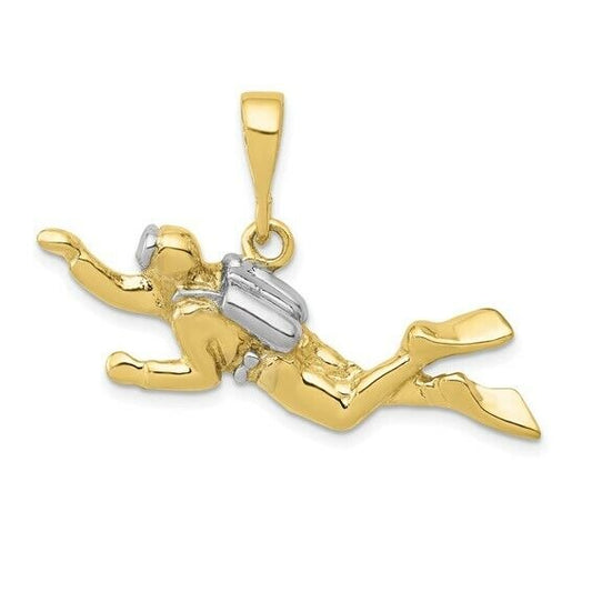10k Yellow Gold and Rhodium Polished Open-Backed Scuba Diver Pendant