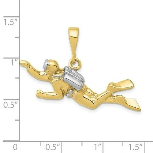 10k Yellow Gold and Rhodium Polished Open-Backed Scuba Diver Pendant