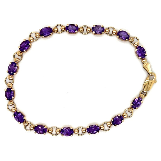 10K Yellow Gold Amethyst Birthstone Tennis Bracelet 7.25 Inch 5.2g