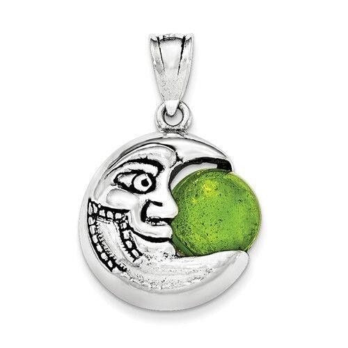 Antiqued Half Moon Face Pendant Green Glass Bead Sterling Silver
