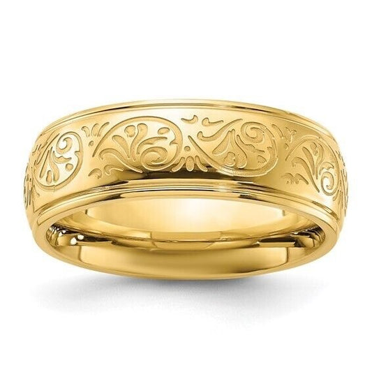 Chisel Stainless Steel Yellow IP-plated Etched Design Ring Band 7.5mm Size 10