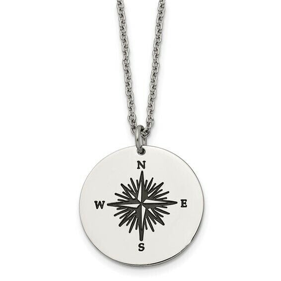 Stainless Steel Polished Enamel THOSE WHO WANDER Compass 22 in Long Necklace