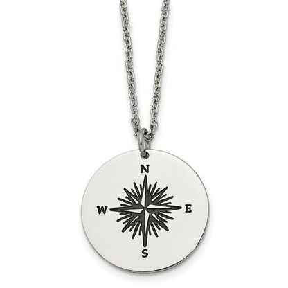 Stainless Steel Polished Enamel THOSE WHO WANDER Compass 22 in Long Necklace