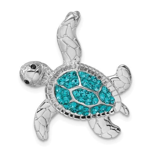 Sterling Silver Rhodium-Plated Turtle Pendant With Blue Crystals
