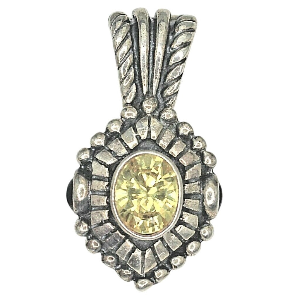 Yellow Cubic Zirconia Antiqued Pendant Charm Enhancer With Clasp Solid .925 Sterling Silver 11.3g Elegant Jewelry Piece