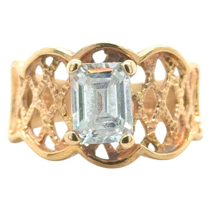Cubic Zirconia Emerald-Cut Solitaire 14K Yellow Gold Ring 5.7g Size 7.25