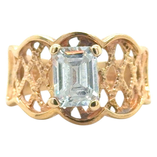 Cubic Zirconia Emerald-Cut Solitaire 14K Yellow Gold Ring 5.7g Size 7.25