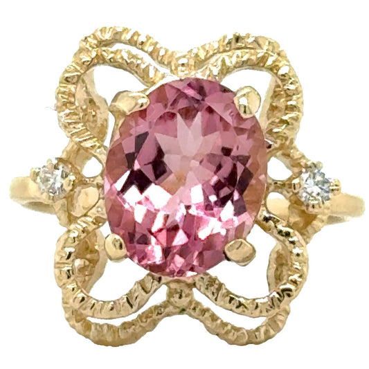 3.14ct Pink Tourmaline with Diamond Accent 14k Yellow Gold Ring 3.6g Size 5.5