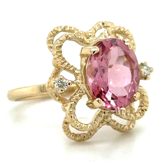 3.14ct Pink Tourmaline with Diamond Accent 14k Yellow Gold Ring 3.6g Size 5.5