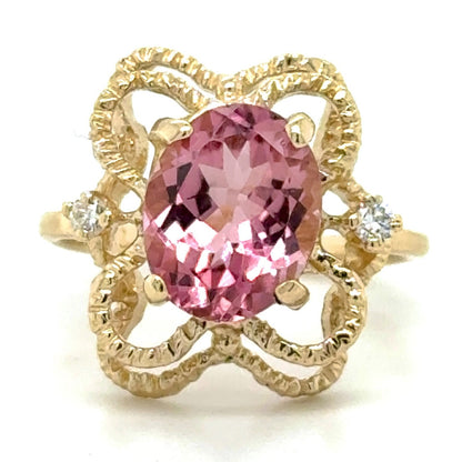 3.14ct Pink Tourmaline with Diamond Accent 14k Yellow Gold Ring 3.6g Size 5.5