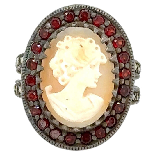 Cameo Solitaire & Garnet Sterling Silver Ring 9.4g Size 6